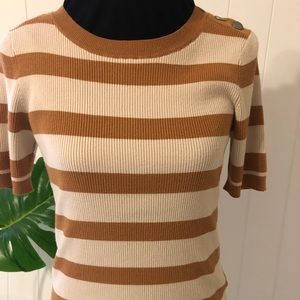 Ellie Tahiti short sleeve sweater. Med. Tan and taupe stripes. Tags on.